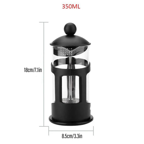 350ml black French press coffee maker with glass body, 18cm height and 8.5cm diameter