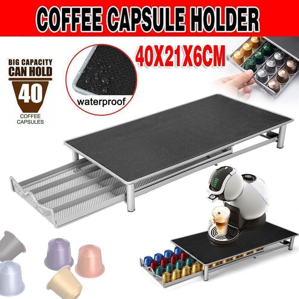 Waterproof black coffee capsule holder with metal drawer storing 40 colorful coffee pods, alongside a coffee machine