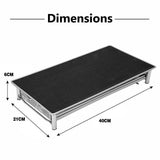 Black coffee stand with silver frame and mesh drawer, measuring 40cm x 21cm x 6cm