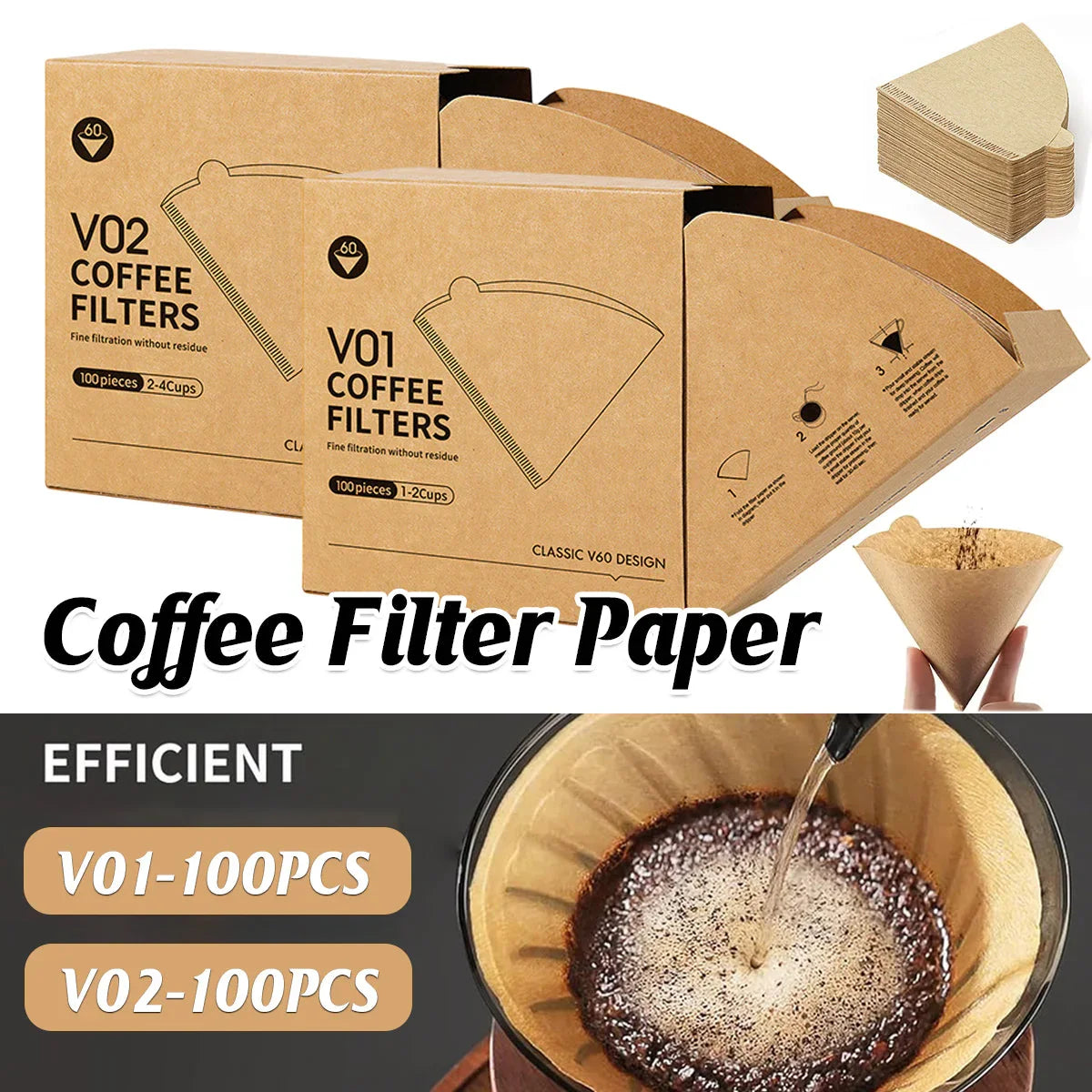 V02 Coffee Filter Paper - 100 Pack Cone Drip Filters