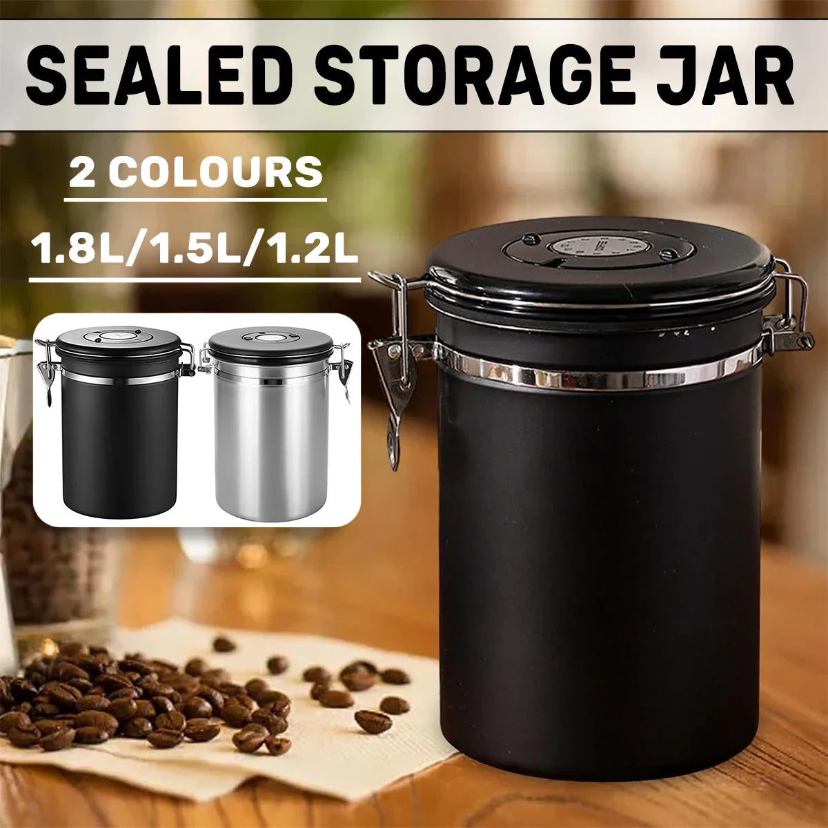 Black sealed storage jar with clamp lid on wooden table beside coffee beans and inset of black and silver jar colors