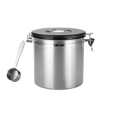 Stainless steel airtight sealed jar with black lid and metal measuring scoop