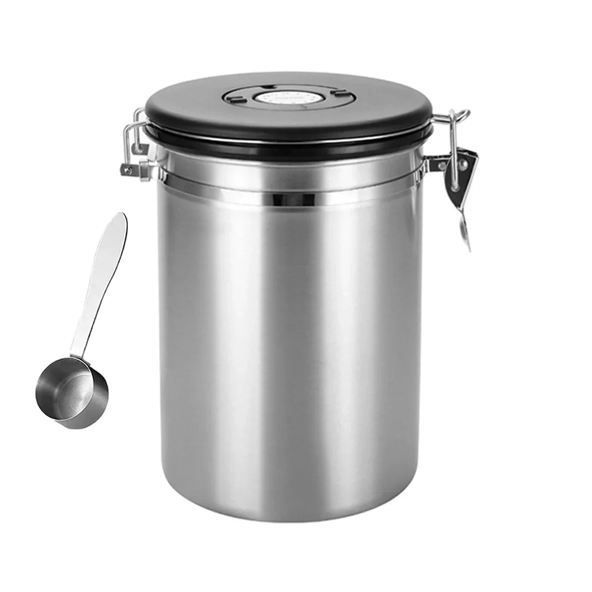 Stainless steel airtight coffee canister with black lid and metal scoop on white background