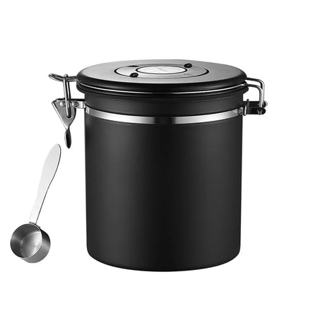Black airtight sealed storage jar with silver latch and attached metal measuring scoop