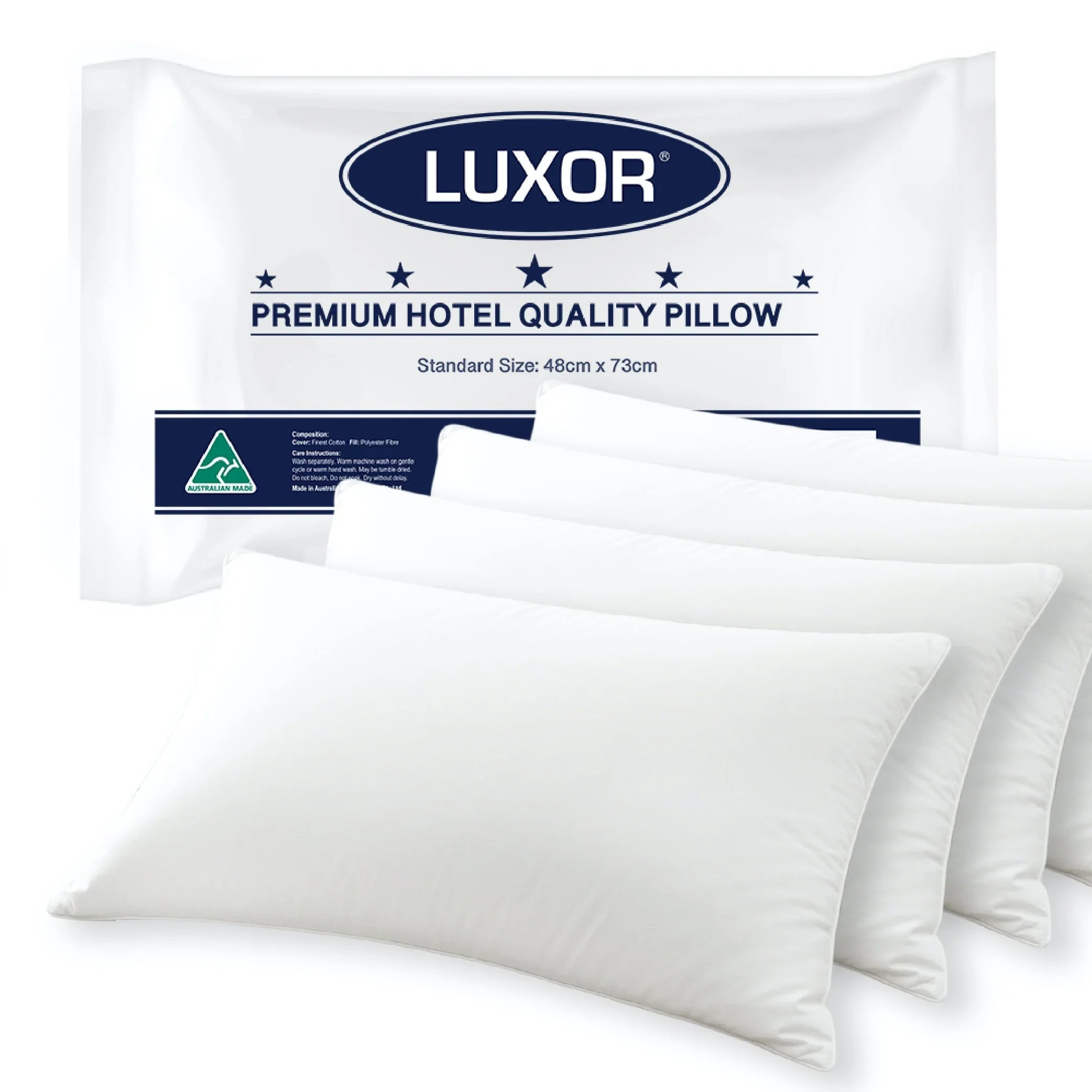 Luxor premium hotel quality white pillows with packaging and Australian made label