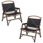 Two black fabric folding chairs with wooden armrests and metal supports, outdoor seating