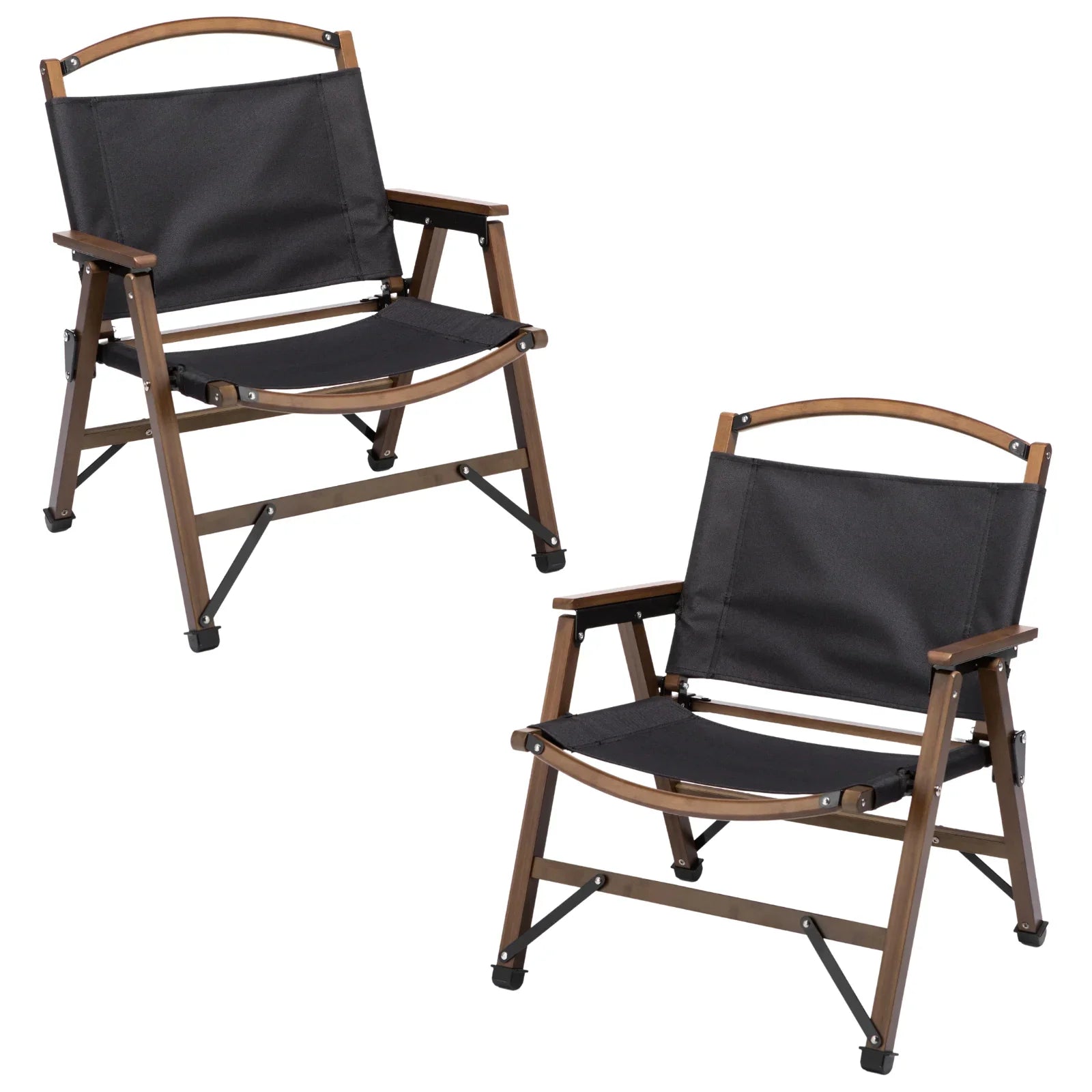 Two black fabric folding chairs with wooden armrests and metal supports, outdoor seating