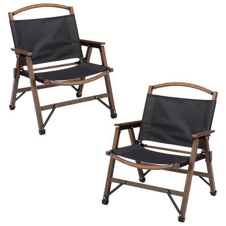 Two black fabric folding chairs with wooden armrests and metal supports, outdoor seating