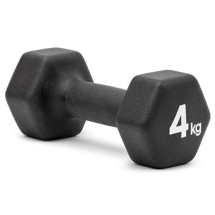 Black 4kg hex dumbbell with textured grip for fitness and strength training