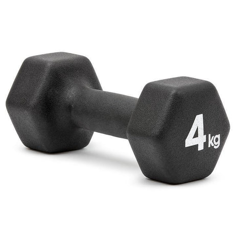 Black 4kg hex dumbbell with textured grip for fitness and strength training