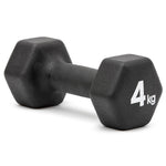 Black 4kg hex dumbbell with textured grip for strength training and fitness workouts