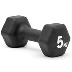 Black 5 kg hexagonal rubber coated dumbbell for strength training