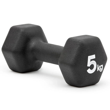 Black 5 kg hexagonal rubber coated dumbbell for strength training