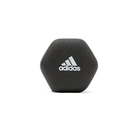 Black hexagonal Adidas exercise dumbbell with textured surface on white background