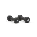 Pair of black Adidas hex dumbbells with textured grip on white background