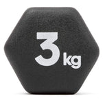 Black 3 kg hexagonal rubber dumbbell with white weight markings