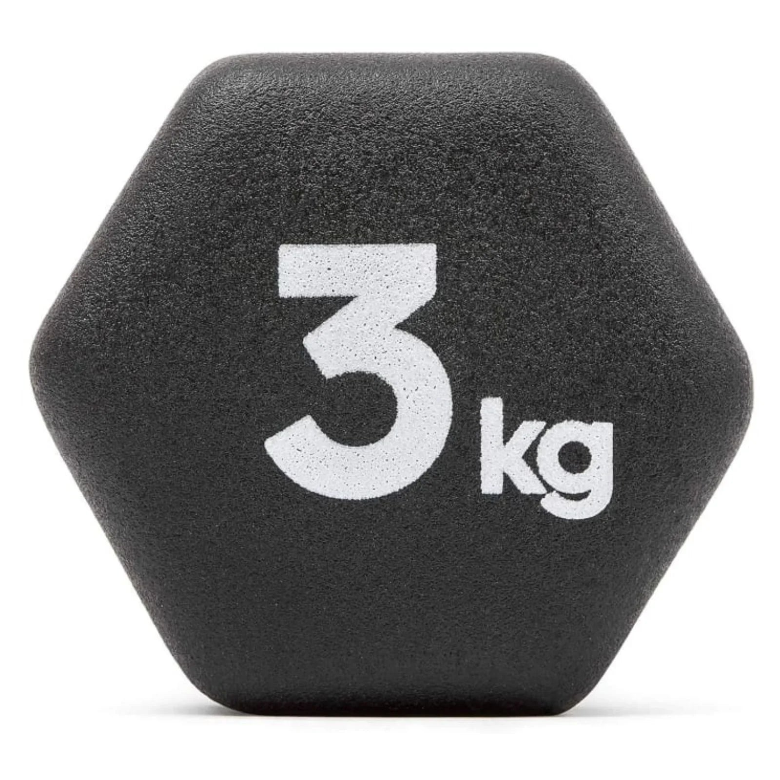 Black 3 kg hexagonal rubber dumbbell with white weight markings
