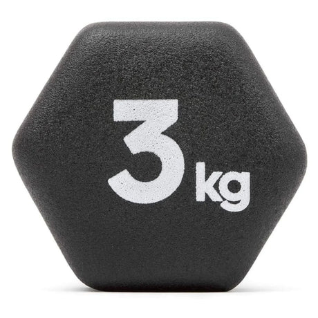 Black 3 kg hexagonal rubber dumbbell with white weight markings