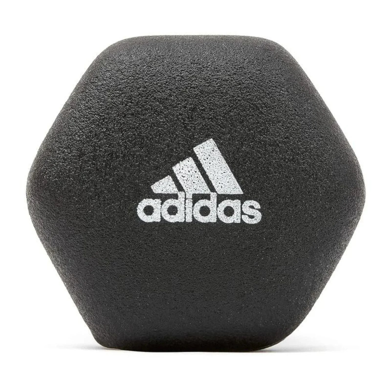Black Adidas hexagonal dumbbell with white Adidas logo on textured surface