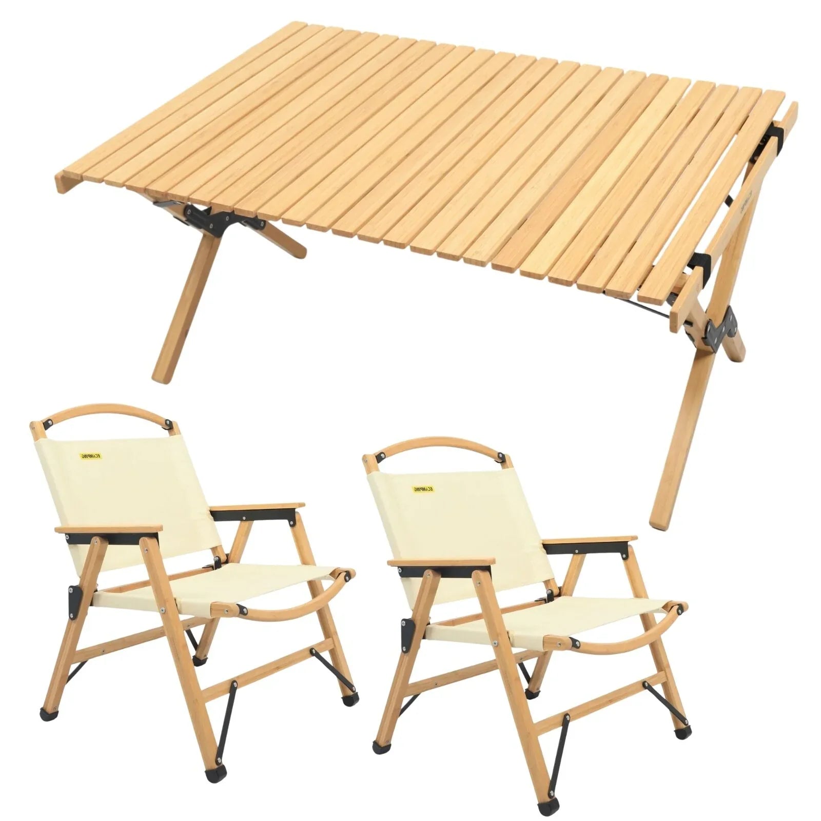 Wooden slatted camping table and two beige canvas folding outdoor chairs with wooden frames