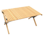 Portable bamboo folding table with slatted top and angled legs for outdoor camping