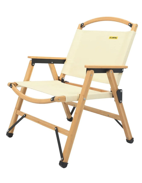 light beige fabric camping chair with bamboo frame and black metal supports