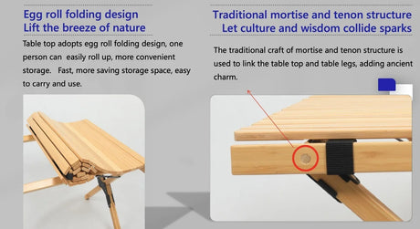 Foldable bamboo table with egg roll design and traditional mortise and tenon joint for compact storage