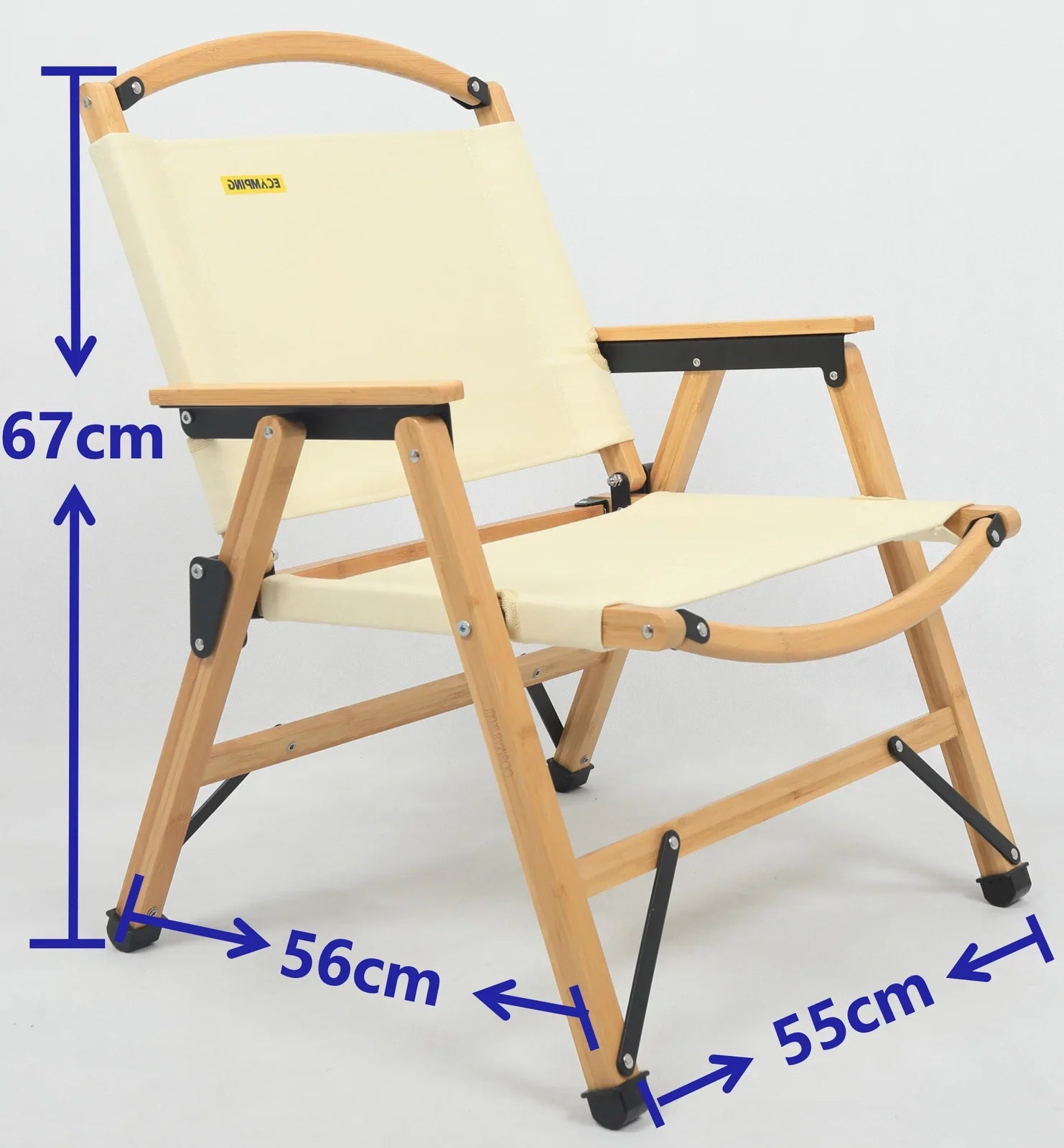 Beige canvas and wooden frame camping chair with armrests, 67cm height, 56cm width, 55cm depth