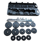 Set of black 5kg, 2.5kg, and 1.25kg weight plates with metal dumbbell bars and black carrying case