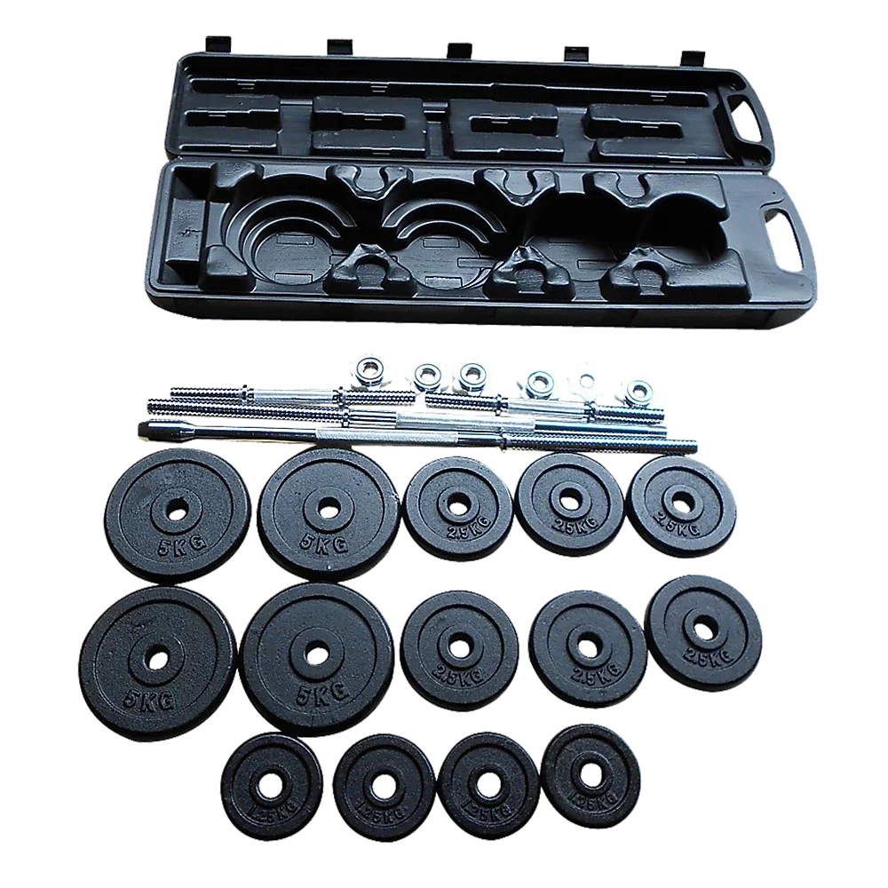 Set of black 5kg, 2.5kg, and 1.25kg weight plates with metal dumbbell bars and black carrying case