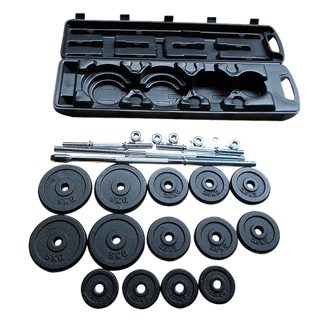 Set of black 5kg, 2.5kg, and 1.25kg weight plates with metal dumbbell bars and black carrying case