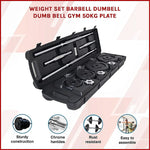 50kg weight set with barbell and dumbbell in black carrying case, chrome handles, rust resistant