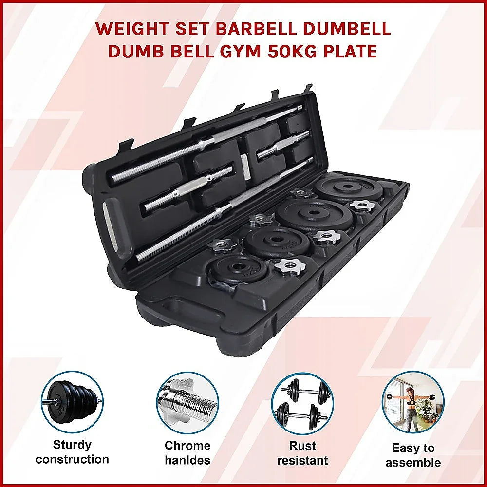 50kg weight set with barbell and dumbbell in black carrying case, chrome handles, rust resistant
