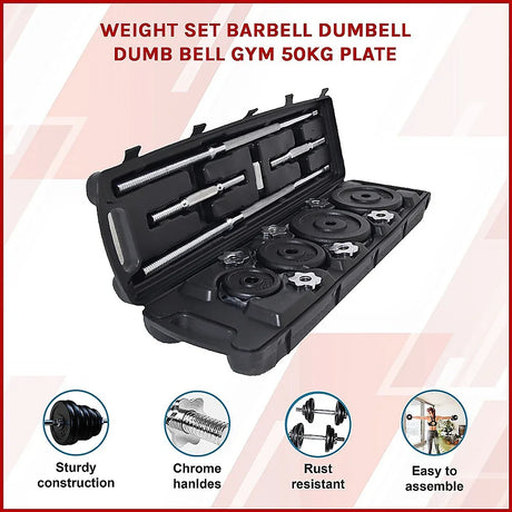 50kg weight set with barbell and dumbbell in black carrying case, chrome handles, rust resistant