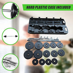 Adjustable dumbbell weight set with black plates, chrome bars, star collars, in a hard plastic carrying case