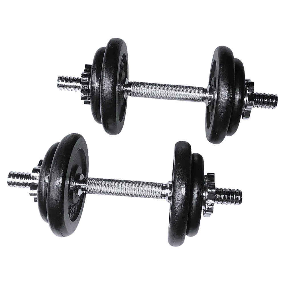 Pair of adjustable black weight plate dumbbells with chrome handles isolated on white