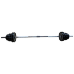 Chrome barbell with adjustable black weight plates for weightlifting and strength training