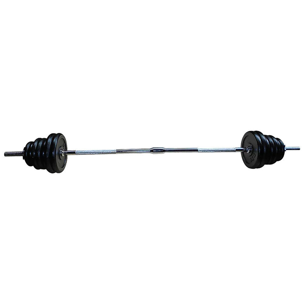 Chrome barbell with adjustable black weight plates for weightlifting and strength training