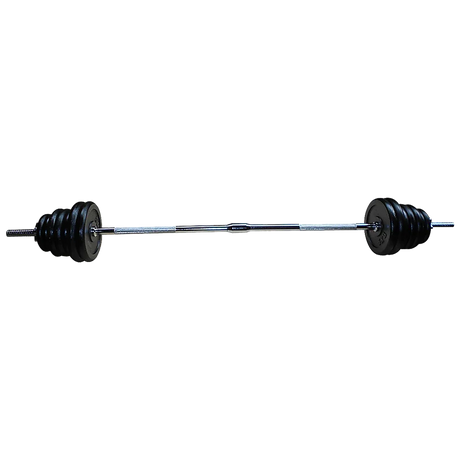 Chrome barbell with adjustable black weight plates for weightlifting and strength training