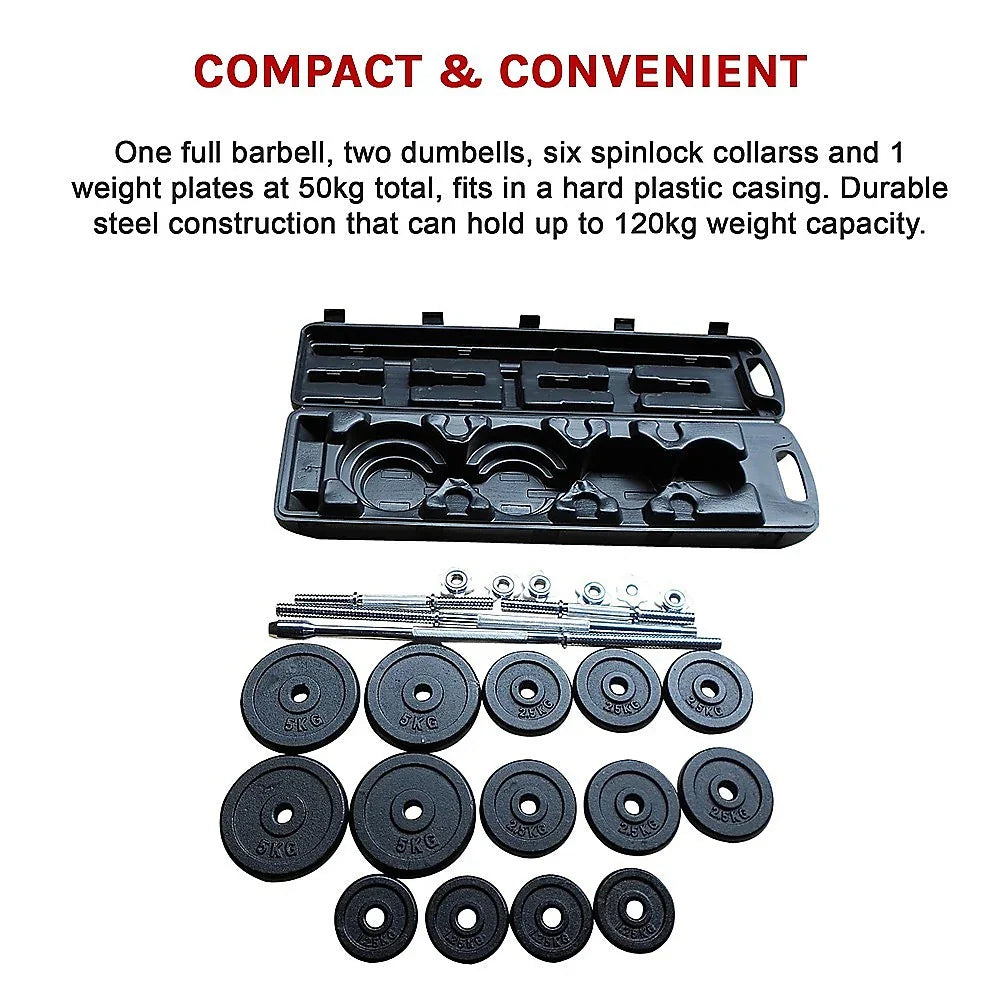 Compact weightlifting set with barbell, dumbbells, weight plates, and plastic storage case