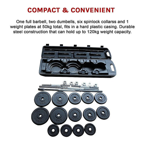 Compact weightlifting set with barbell, dumbbells, weight plates, and plastic storage case