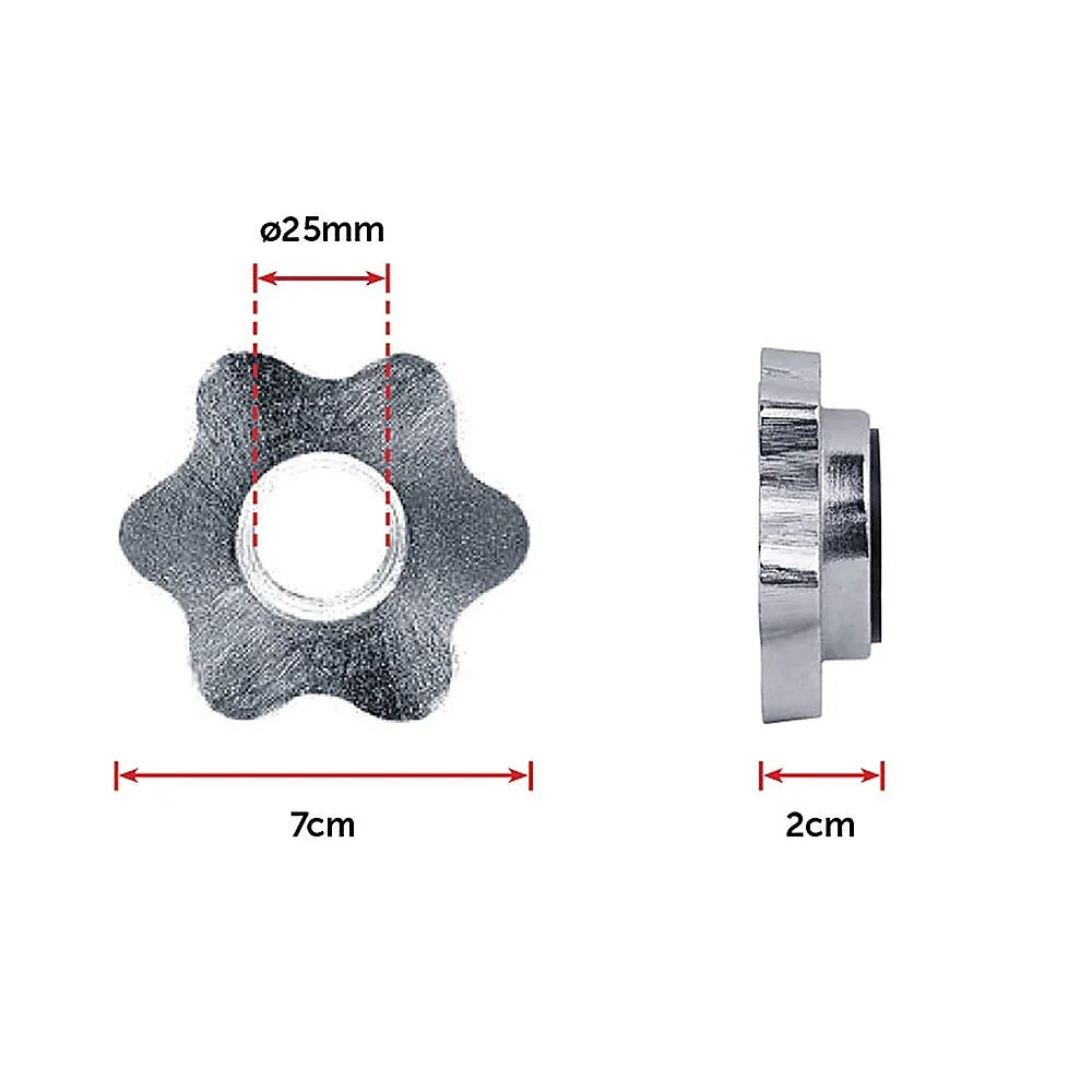 Metal flower-shaped washer with 7cm diameter and 25mm central hole, 2cm thickness, side and top views