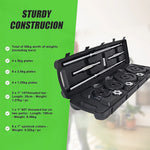 Open case with 50kg weightlifting set including plates, bars, and spinlock collars for sturdy construction