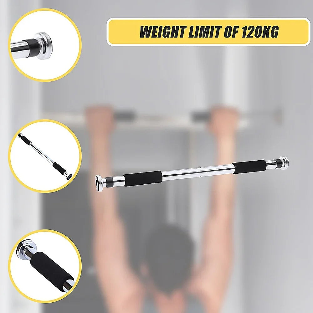 Adjustable chrome pull-up bar with black foam grips, weight limit 120kg, home fitness equipment