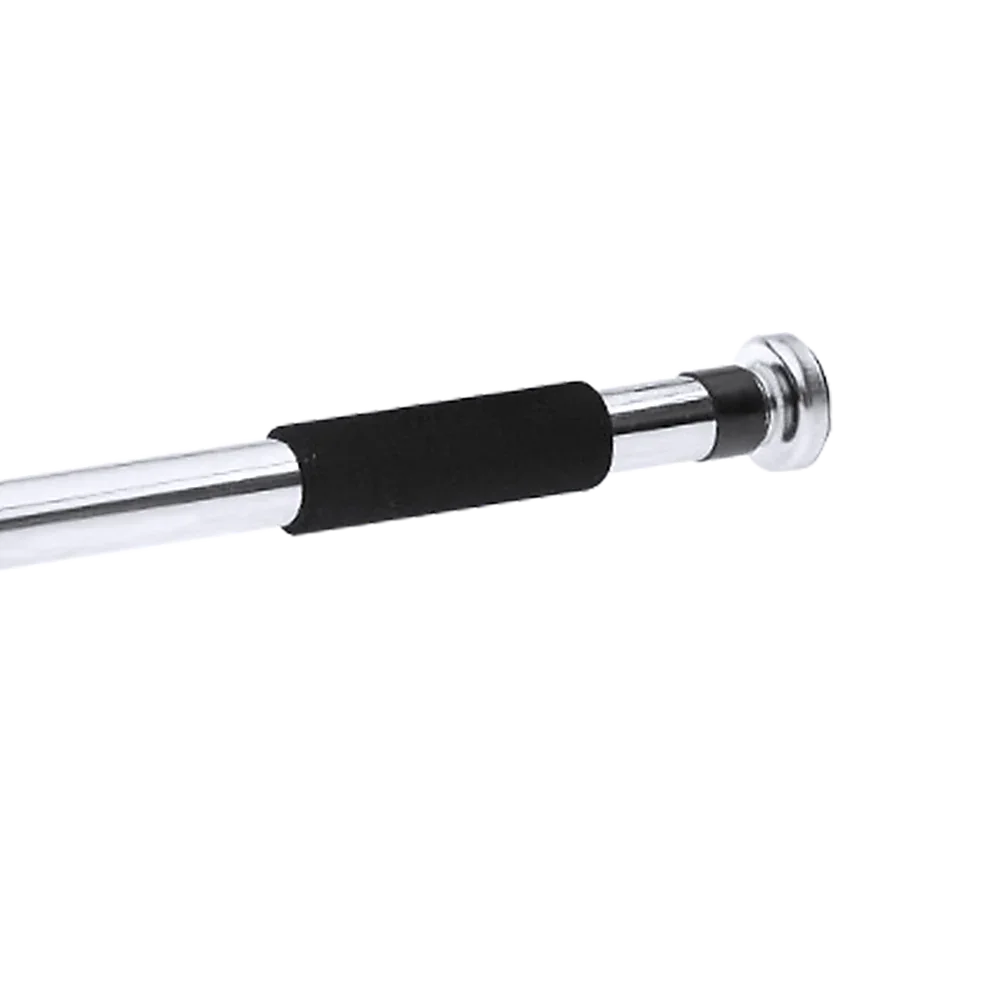 Chrome telescopic shower curtain rod with black grip and round mounting bracket end