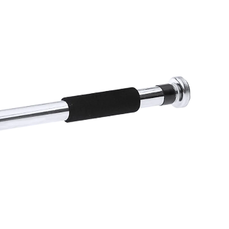 Chrome telescopic shower curtain rod with black grip and round mounting bracket end