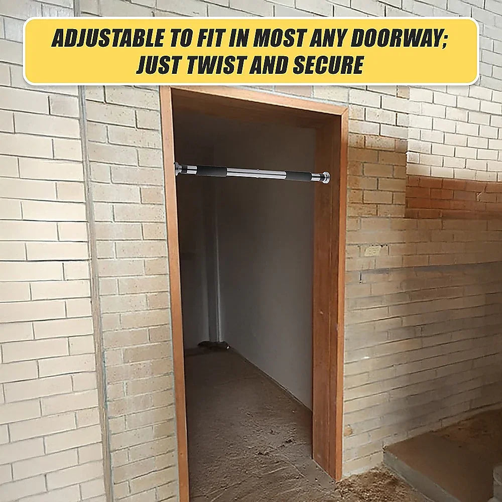 Adjustable pull-up bar installed in a brick doorway with yellow banner text saying adjustable to fit most doorways