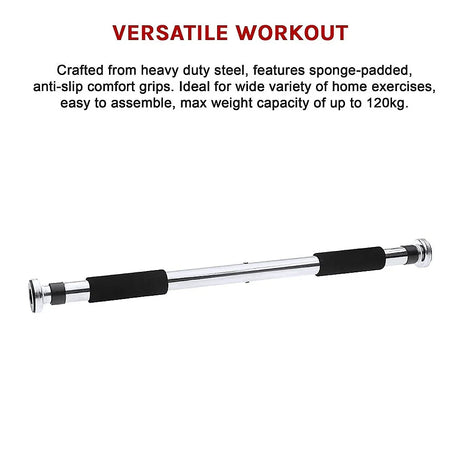 Versatile workout pull-up bar made of heavy duty steel with sponge-padded anti-slip grips, for home exercises