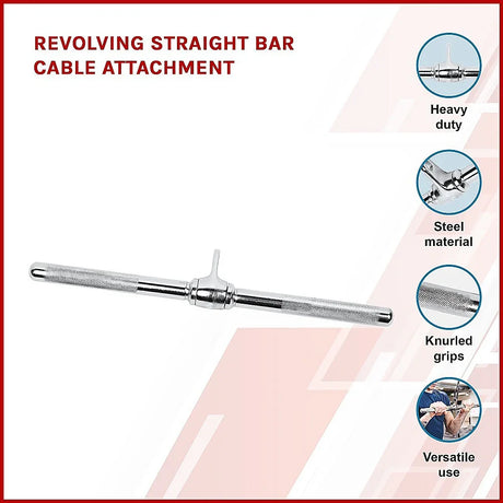 Revolving straight bar cable attachment with knurled grips, heavy duty steel for versatile gym use