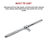 Chromed solid steel cable attachment handle with knurled grip and large eyelet hole